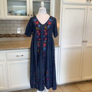 eShakti [Wayward Fancies] Denim Chambray Dress Floral Embroidery Size Medium